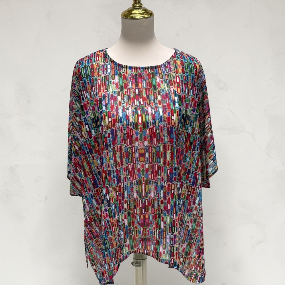 Ali Miles Tunic Top S Colorful Sheer Abstract Kimono Sleeve Blouse Oversized